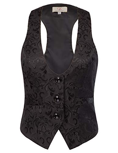 Women Black Jacquard Vest Coat Slim Fit Button Down Casual Wedding Waistcoat Black XXL steampunk buy now online
