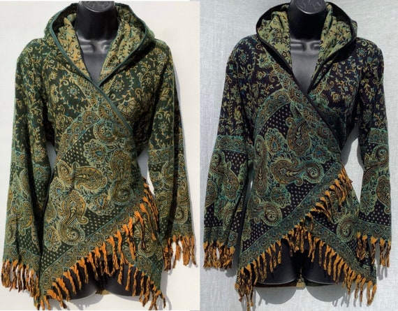 Handmade Paisley Hooded Crossover Wrap / Jacket / Cardigan. Boho. Hippy. Festival Fashion. Pixie. X/S 6 - 8, S/M 10 - 12 &amp; L/XL 12 - 14 UK by MeandYouTradingUK steampunk buy now online