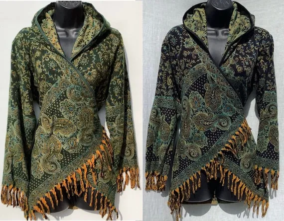 Handmade Paisley Hooded Crossover Wrap / Jacket / Cardigan. Boho. Hippy. Festival Fashion. Pixie. X/S 6 - 8, S/M 10 - 12 & L/XL 12 - 14 UK by MeandYouTradingUK steampunk buy now online