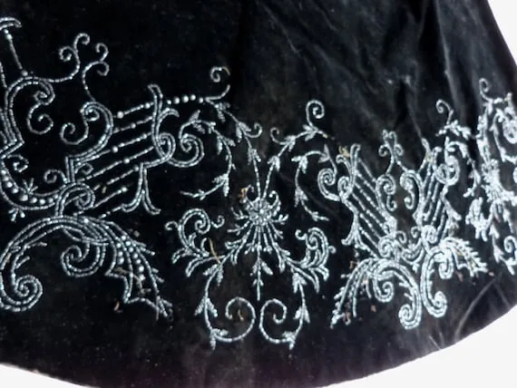 Large Victorian black silk velvet fabric hand embroidered w jet stones beads for making capelet cape, steampunk clothing, RARE sewing supply by MyFrenchAntiqueShop steampunk buy now online