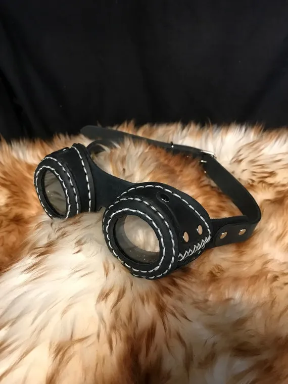 Steampunk Handmade Hand Stitched Genuine Leather Goggles Solid Black Hat Goggles Costume Fancy Dress Cosplay by Blackskullarmoury steampunk buy now online