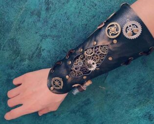 Steampunk Leather Bracer with hand stitched gears by DMCDesignShop steampunk buy now online