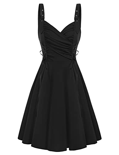 SCARLET DARKNESS Sleeveless with Drawstring Women Party Dress Retro Steampunk Dress Medieval V-Neck A-Line Cocktail XL Black 164S22-1 steampunk buy now online