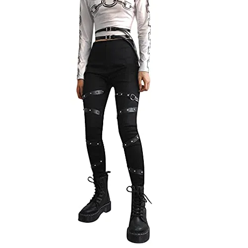 Lalaluka Tight trousers women's gothic punk trousers high waist rivets bandage bodycon fabric trousers tube trousers steampunk leggings casual trousers street wear, black, L steampunk buy now online