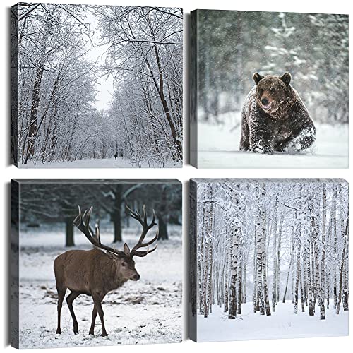 Sungeek Canvas Wall Art Prints 4 Pieces Modern Picture Framed Bear Deer Snow Scene Artwork Paintings for Bedroom Living Room Kitchen 30x30cm Home Wall Decoration Paintings steampunk buy now online