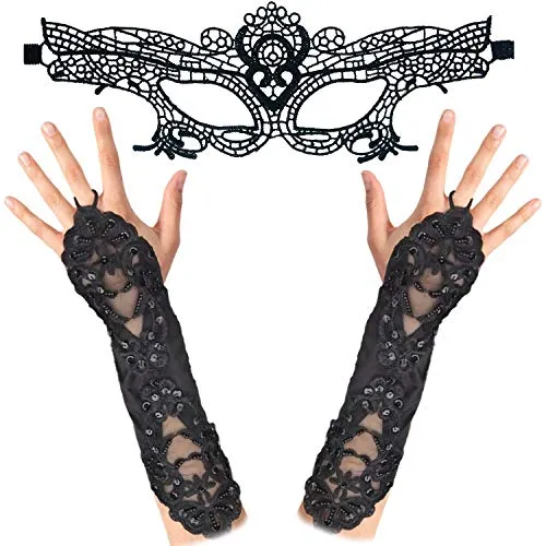 2pc Set Masquerade Mask and Long Black Gloves - Halloween Mask Masquerade Mask for Women with Black Long Beaded Gloves - Masquerade Masks Black Gloves Fancy Dress Halloween Gloves Costume Accessories steampunk buy now online