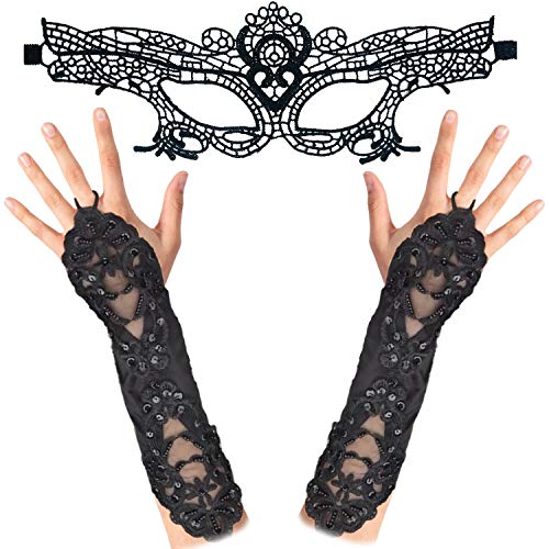 2pc Set Masquerade Mask and Long Black Gloves - Halloween Mask Masquerade Mask for Women with Black Long Beaded Gloves - Masquerade Masks Black Gloves Fancy Dress Halloween Gloves Costume Accessories steampunk buy now online