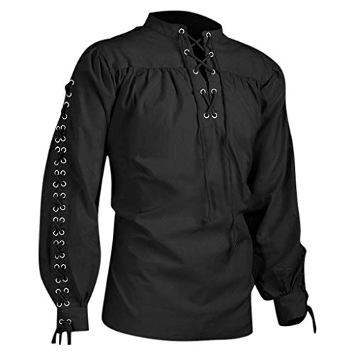 Men's Pirate Shirt Viking Steampunk Retro Renaissance Medieval Gothic Victorian Tee Tops Plus Size Lace Up Long Sleeve Blouse Black steampunk buy now online