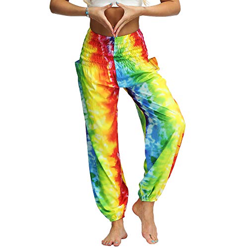Nuofengkudu Women's Hippie Baggy Harem Trousers Smocked High Waist Soft Boho Print Loose Fit Yoga Pants with Pockets Holiday Summer Beach Party (Rainbow C,One Size) steampunk buy now online