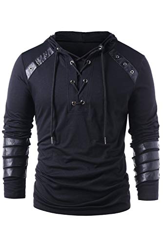 Zhinina Men Gothic Steampunk Drawcord Lace up Hoodie Medieval Knight Long Sleeve Stitching Leather Armor Sweatshirt Pullover Black, L steampunk buy now online