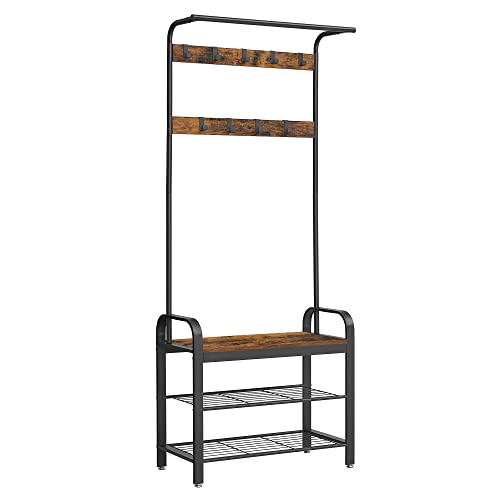 VASAGLE Coat Rack, Coat Stand with Shoe Storage Bench, 4-in-1 Design, with 9 Removable Hooks, a Clothes Rail, for Hallway, Entrance, 33.7 x 72 x 183 cm, Industrial, Rustic Brown and Black HSR40B steampunk buy now online