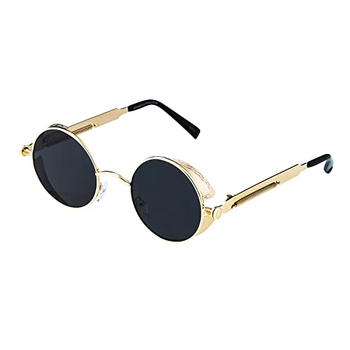 Ultra Gold with Black Lenses Steampunk Sunglasses Round Sunglasses with Side Shades for Men Women Cyber Goth Sun Glasses Adults Festival Sunglasses Steampunk Goggles UV400 Protection Circle steampunk buy now online