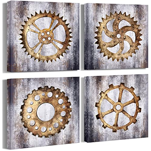 AtGoWac Steampunk Painting Mechanical Canvas Wall Art Rustic Gear Wheel Bar Art Framed Gallery Wrap Living Room Workshop Decor 12"x12"x4 Panels steampunk buy now online