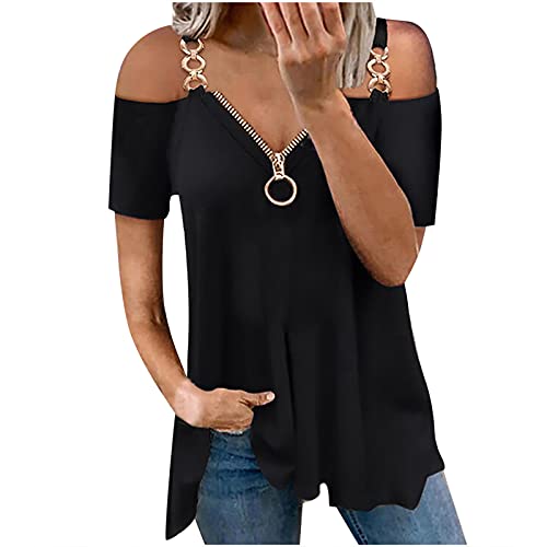 Summer Tops for Women Sale Women Solid V-Neck Short Sleeve Strapless T Shirt Polluver Blouse Tank Tops Plus Size Blouse UK Black steampunk buy now online