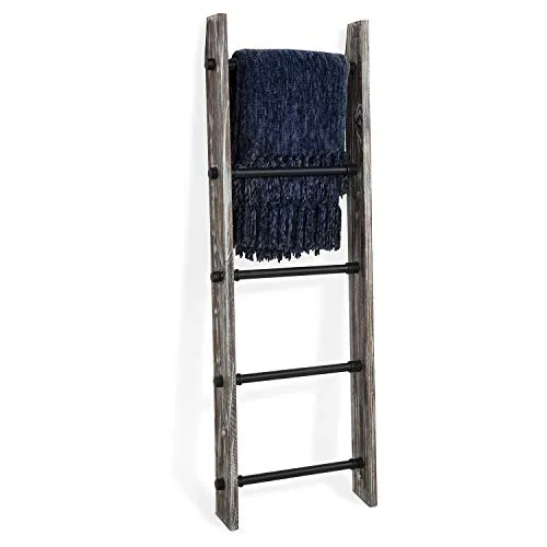 MyGift 4 Ft Torched Wood Farmhouse Blanket Ladder with 5 Matte Black Industrial Pipe Rungs, Wall Leaning Bathroom Towel Ladder Rack steampunk buy now online