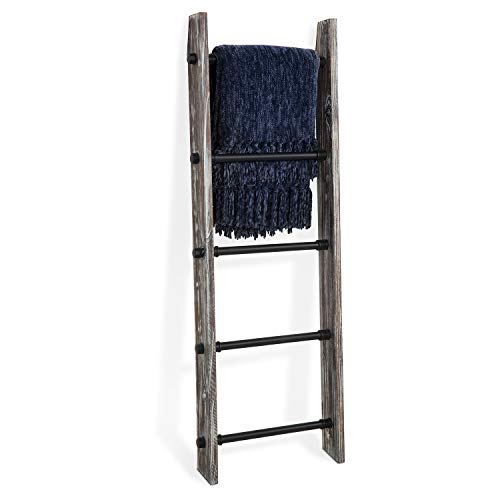 MyGift 4 Ft Torched Wood Farmhouse Blanket Ladder with 5 Matte Black Industrial Pipe Rungs, Wall Leaning Bathroom Towel Ladder Rack steampunk buy now online