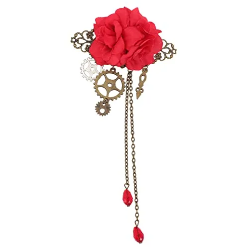 Lurrose Gothic Girls Hair Accessories Mechanical Gear Rose Hair Clip Vintage Crystal Tassel Hair Barrettes Hairpin Steampunk Headwear Headdress for Bridal Women Red steampunk buy now online