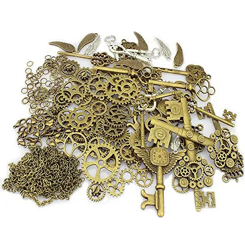 LolliBeads 230 Gram Antiqued Bronze/Silver Metal Skeleton Keys and Wings, Bronze Steampunk Watch Gear Cog Wheel, Chains, Clasps and Jump Rings DIY Kits (300 Pcs) steampunk buy now online