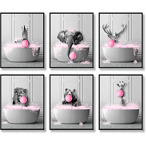 HOGEBIG Balloon Bubble Animals Funny Bathroom Decor Humor Animals Bathroom Artwork Prints Wall Decor Black and White Wall Art in Bathtub Canvas Bathroom Pictures Poster (BW&Pink, 8"x10" UNFRAMED) steampunk buy now online
