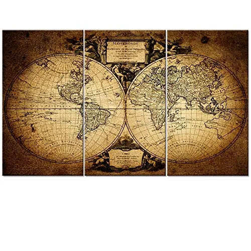 Welmeco Large 36"x60" Ancient Map of The World Wall Canvas Prints Retro Map Poster Framed and Stretched Painting Vinitage Old Map for Living Room Office Decoration (20"x36"x3 pcs) steampunk buy now online