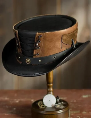 Black & Brown Leather Top Hat Handcrafted Top Hat Corset Style Gothic Hat / Steampunk Top Hat Gifts For Him , Gifts For Men by LeatherNasirArts steampunk buy now online