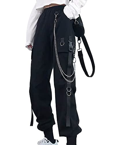 DINGJIUYAN Women Cargo Pants Harem Pants Fashion Punk Pockets Jogger Trousers with Chain Harajuku Elastics Pants steampunk buy now online