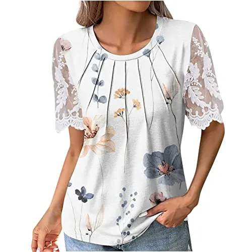 UK Women Shirts and Blouses Sale Solid T-shirt Lace Short Sleeves Blouse Round Neck Casual Pleated Slim Fit Tops Ladies Gypsy Top Lovely Comfortable Top Blouse Shipping 7 Days steampunk buy now online