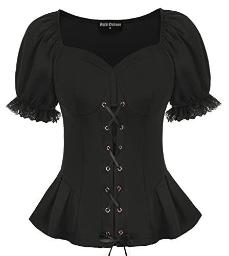SCARLET DARKNESS Womens Vintage Tops Puff Sleeves Lace-up Sweetheart Neck Peplum Summer Victorian Blouse Renaissance Shirt Black XL steampunk buy now online