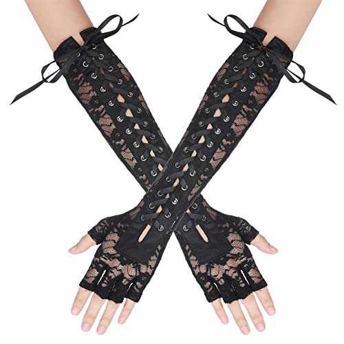 Women Lace Up Fingerless Gloves Long Elbow Lace Up Steampunk Gloves Costume Satin Arm Warmer for Halloween Dress Up (Black - Lace) steampunk buy now online