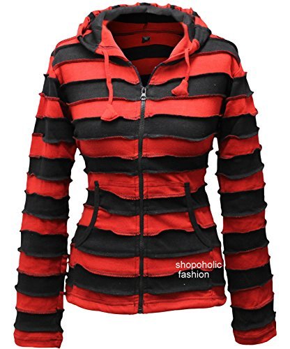 SHOPOHOLIC FASHION Women Stripes Pixie Hood Outwear Hoodie, Red, L steampunk buy now online