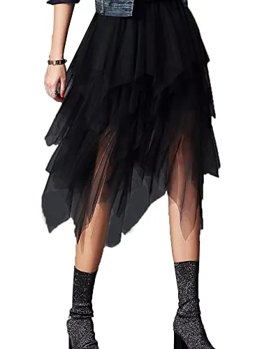 Women Summer A-line Layered Pleated Tulle Skirt High Waist Tiered Mesh Elastic Midi Skirt Elegant Party Ballet Tulle Tutu Skirt Black steampunk buy now online