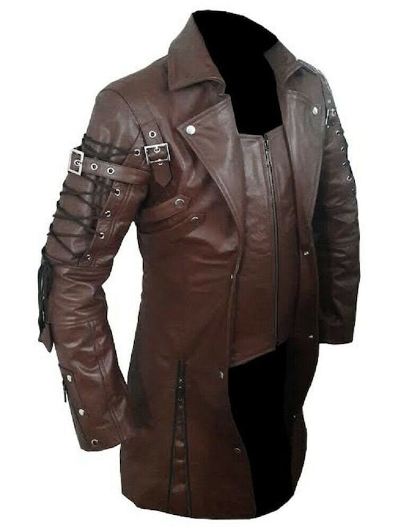 Mens Genuine Brown Leather Trench Coat Jacket Steampunk Gothic Matrix Terminator Coat by Outspele steampunk buy now online