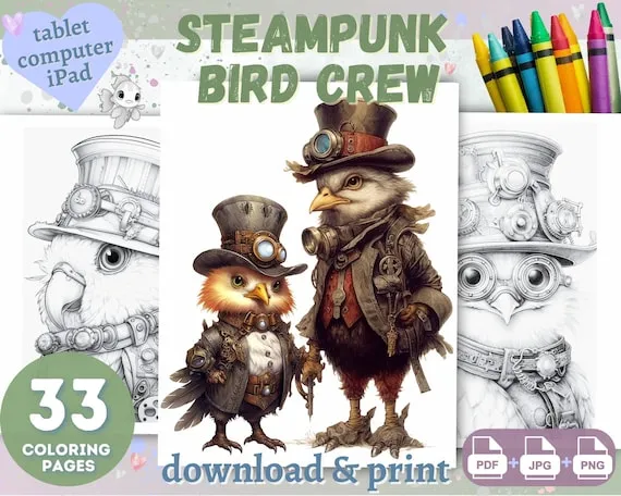 Steampunk Adult Coloring Pages, Digital Print, Birds, Funny Adult Coloring Book, Light Grayscale Illustrations, Pages for Procreate, iPad by ColorCraftersArt steampunk buy now online