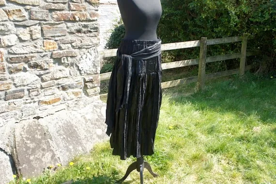 Vintage, Satsuma, London, Made In Britain, Black, Polyester, Sateen And Lace, Long, Flared, Skirt With Waist Tie, Size 14, Steampunk, Gothic by IndustriousImaginare steampunk buy now online