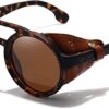 Men's women's retro round polarized steampunk sunglasses with leather edge double bridge shield retro hippie style sunglasses (Brown,One Size) steampunk buy now online