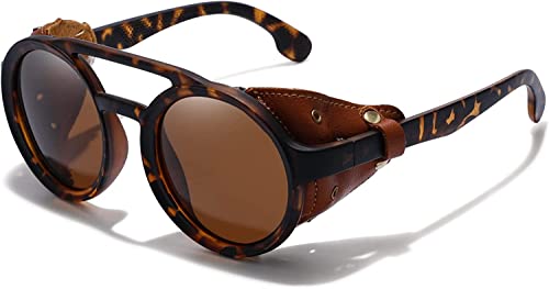 Men's women's retro round polarized steampunk sunglasses with leather edge double bridge shield retro hippie style sunglasses (Brown,One Size) steampunk buy now online
