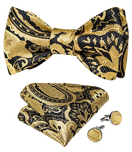 DiBanGu Paisley Slef Bow Tie Set for Men Black Gold Silk Woven Bowtie and Pocket Square Set Wedding Party steampunk buy now online