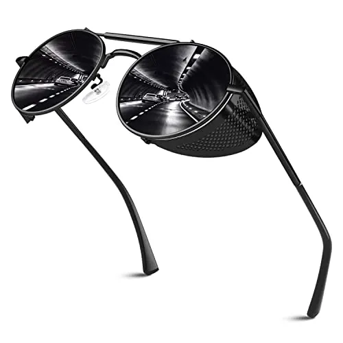 Retro Round Polarized Steampunk Sunglasses Men Women Side Shield Goggles Gothic S92-ADVANCED POLARIZED, Black Frame Black Polarized Lens, M steampunk buy now online