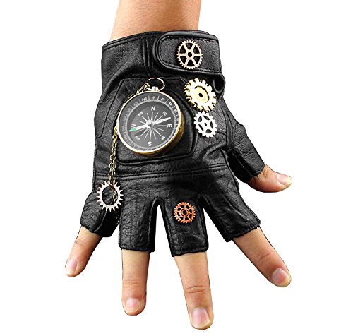 Steampunk Cosplay Compass Gears Fingerless Real Leather Gloves Men/womens (womens size) steampunk buy now online