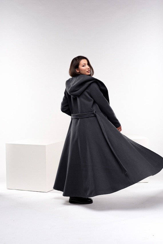 Gray Wool Princess coat, Winter Swing Coat, Wool Steampunk Coat, Hooded Gothic Jacket, Long Trench Coat, Plus Size Womens Clothing by Fraktura steampunk buy now online