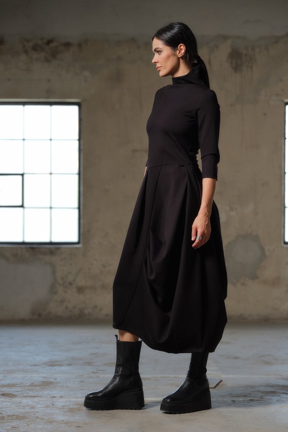 Black asymmetric dress, Avant garde dress, Extravagant Long Dress, Slow fashion, Capsule wardrobe, Sustainable clothes by FollowMeFS steampunk buy now online