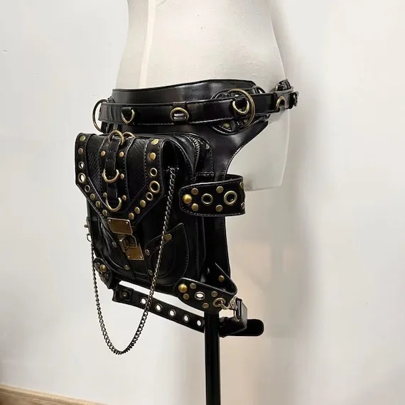 Black Steampunk Leather Fanny Pack, Leather Belt Bag, Neutral Sling Bag, Outdoors Hip Bag, Vintage Gothic Bag, Crossbody Bag by Daniellesiu steampunk buy now online