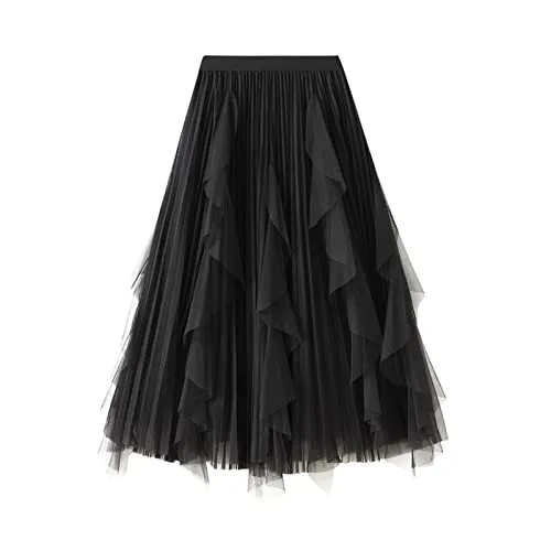SotRong Women's Tulle Skirt Elastic High Waist Tiered Irregular Overlay Layered Mesh Ballet Prom Party Tulle Tutu A-line Midi Skirt Black steampunk buy now online