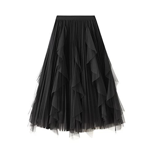 SotRong Women's Tulle Skirt Elastic High Waist Tiered Irregular Overlay Layered Mesh Ballet Prom Party Tulle Tutu A-line Midi Skirt Black steampunk buy now online