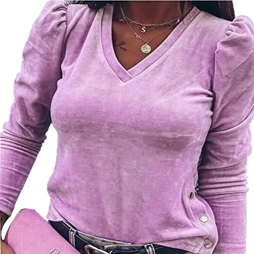 2022 autumn and winter new long-sleeved t-shirt women's loose bottoming shirt new all-match V-neck top (purple S) steampunk buy now online