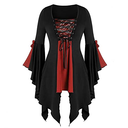 BUKINIE Halloween Gothic Witch Costume Tops Plus Size Sexy Lace Up Patchwork T Shirt Dress Steampunk Tunic Blouses Cosplay Red steampunk buy now online