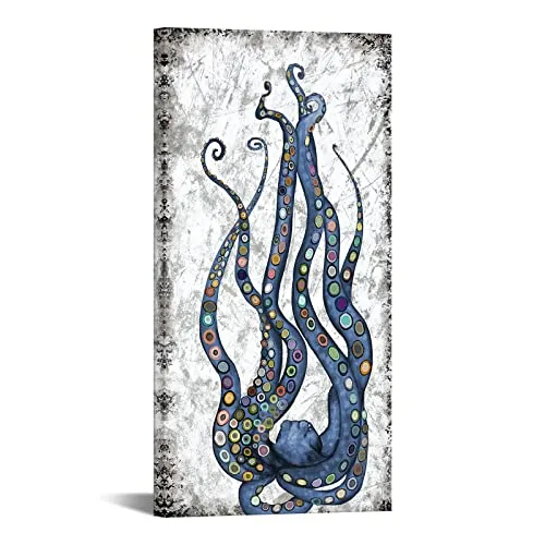 Vertical Canvas Wall Art Abstract Grey and Blue Octopus Painting Printed on Canvas Sea Life Picture Poster Gallery Wrap Vintage Farmhouse Home Décor Ready to Hang 20x40 Inches steampunk buy now online
