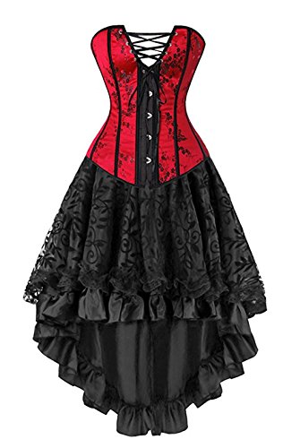 Kelvry Women's Basque Gothic Boned Lace Corsets and Steampunk Bustiers Dress with Skirt Plus Size Red-Black steampunk buy now online