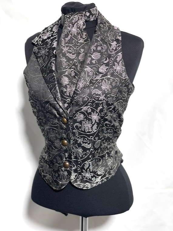 2 pcs women waistcoat outfit silver/Black Victoria ivy Brocade Waistcoat ,Matching Self tie cravat to fit bust 32”,34”,36”38”40” by SteamPunkMastery steampunk buy now online