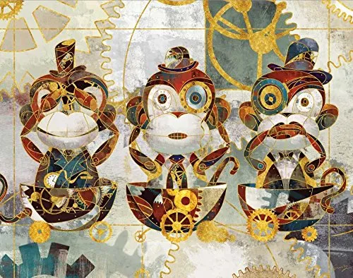 ART-CANVAS-stretched-on-WOODEN -BARS STEAMPUNK MONKEYS Yang Eric - Abstract horizontal image HEAR NO EVIL SEE NO EVIL SPEAK NO EVIL Fine art print 33_X_42_in steampunk buy now online